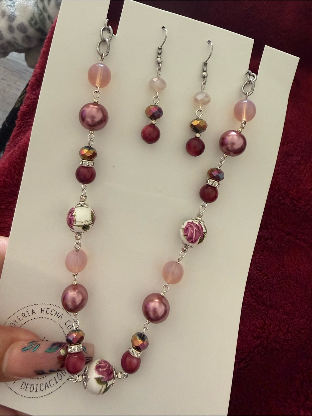 Handmade Pink Pearl & Rose Bead Necklace with Matching Earrings